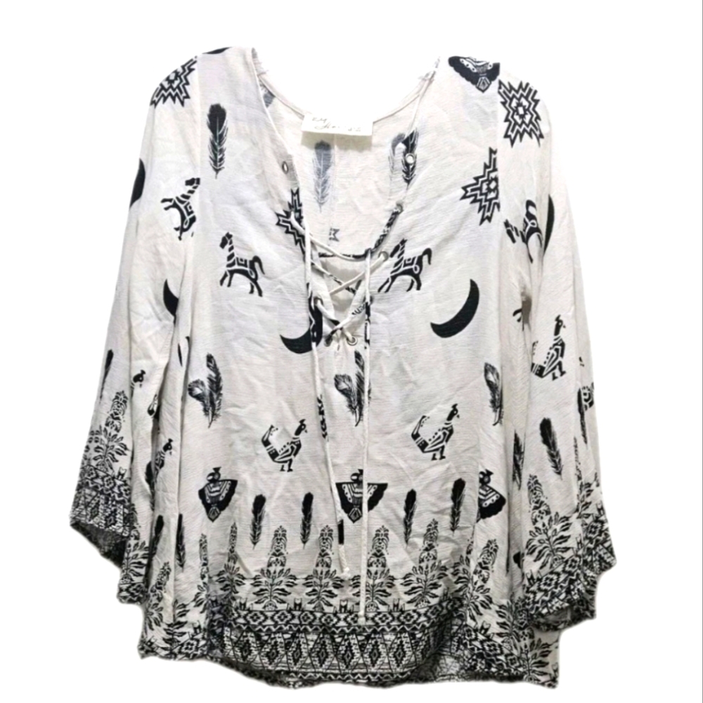 Vintage Havana Boho Peasant Top L Black White Feather Horse Print Lace Up Blouse
